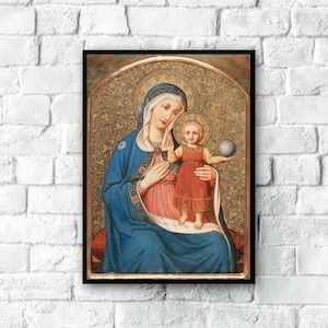 Antique Virgin and Blessing Christ Child Painting 1888, Virgin Mary Print Catholic Prints, Catholic Posters Virgin Mary and Child Madonna