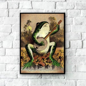 affiche grenouille vintage - Une grenouille jouant du banjo au clair de lune, impression vintage, art mural grenouille, impression d'art mignon, art mural drôle, décoration murale Poster