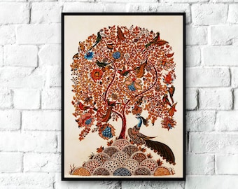Vintage Kalamkari Tree of Life with Peacock, Traditional Indian Folk Art, Indian Painting, Indian Wall Decor, Indian Art Print, Indian Art