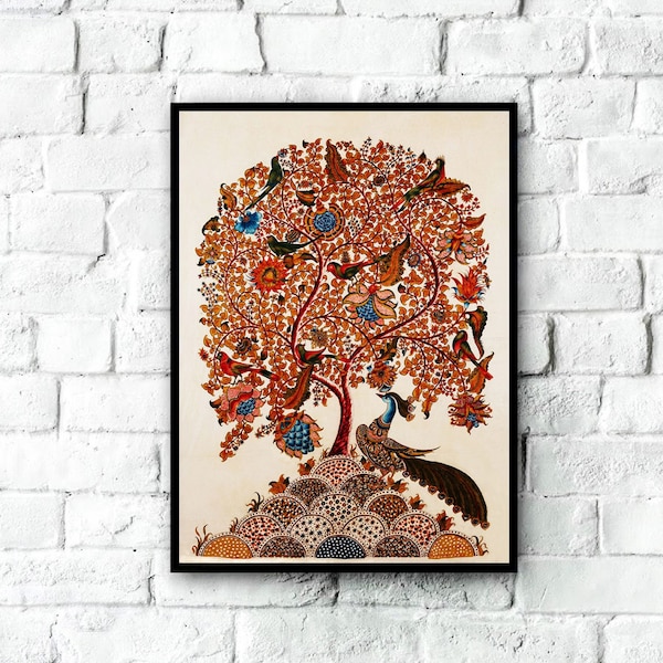 Vintage Kalamkari Tree of Life with Peacock, Traditional Indian Folk Art, Indian Painting, Indian Wall Decor, Indian Art Print, Indian Art