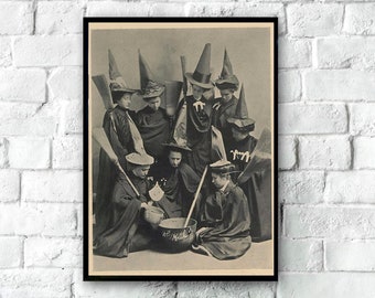 Witches Cooking, Vintage Halloween Photo Print, Halloween Witches Dress Up, Kitchen Witch, Halloween Witch, Witch Art Print, Vintage Print
