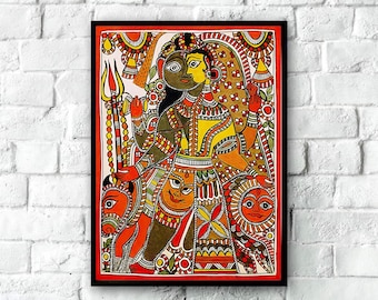 Indian Folk Art, Indian Madhubani Painting, Madhubani Art, Ardhanarishwar Poster, Vintage Indian Painting, Indian Wall Decor, Indian Artwork