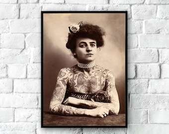 Vintage Tattooed Lady Photo Print, Antique Tattoo Art, Woman With Tattoos Photo, Tattoo Shop Decor, Tattoo Lover Gifts, Tattoo Wall Art