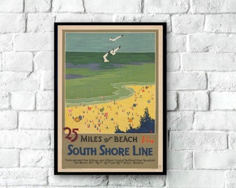 Original 25 Miles of Beach South Shore Line Vintage Poster Print, Retro Travel Poster, Classic Travel Poster, Poster Art, Wall Art, 5 Sizes