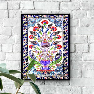 Vintage Turkish Ottoman Floral and Tree of Life Wall Art, Turkish Tile Tree of Life Watercolor Painting, Turkish Wall Art, Islamic Wall Art