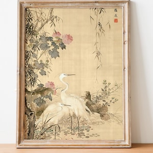 Arte botánico japonés antiguo, pintura de garcetas, peonías y sauces, arte mural de flores y pájaros, impresión de arte japonés, impresión botánica vintage