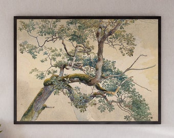 Op de afbeelding: Een ingelijst aquarel schilderij van een tak met groene bladeren en een bruine stam. De achtergrond is licht beige.