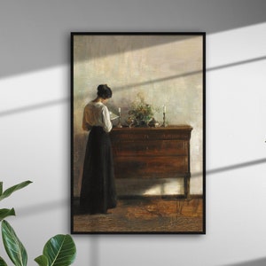 Antique Portrait of a Woman, Woman Reading Art Print, Female Oil Painting, Interior Scene, Young Woman Portrait, Printable Art