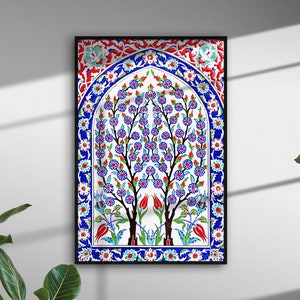 Vintage Turkish Ottoman Floral and Tree of Life Wall Art, Turkish Tile Tree of Life Watercolor Painting, Turkish Wall Art, Islamic Wall Art