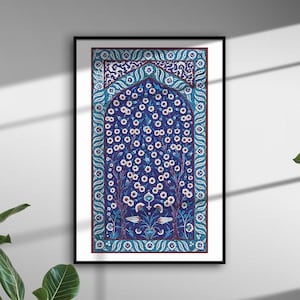 Vintage Turkish Ottoman Floral and Tree of Life Wall Art, Turkish Tile Tree of Life Watercolor Painting, Turkish Wall Art, Islamic Wall Art