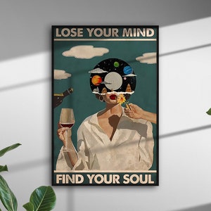 Lose Your Mind Find Your Soul Vintage Poster, Vintage Music Poster Printable, Vintage Decor,  Girl With Wine Art, Music Gift, Retro WallArt