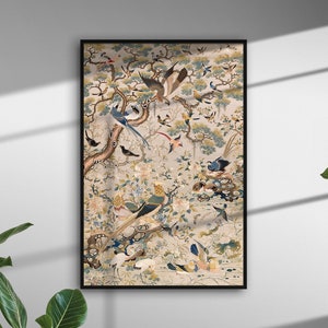 Vintage Chinese Tapestry, Antique Nature Painting, Embroidered Panel, 18th Century Chinese Embroidery, Tropical Birds and Flowers Art Print