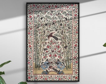 Sztuka ścienna Vintage India Tapestry, antyczny indyjski nadruk tekstylny, wystrój Vintage India, Palempore, wzór ptaków i kwiatów, antyczny nadruk tekstylny