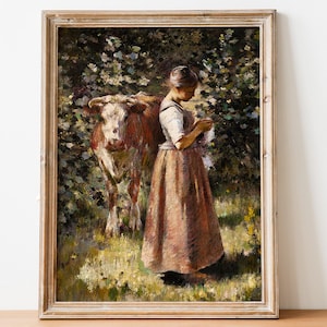 Antique Woman and Cow in Garden Painting, Warm Tone Art Print, Cow Painting, Feminine Painting, Vintage Farm Art, Printable Wall Art