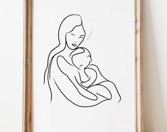 Impresión de arte lineal de mamá y bebé, impresión de arte de madre y bebé, dibujo lineal de recién nacido, póster de maternidad, obra de arte minimalista para guardería, impresión de arte lineal