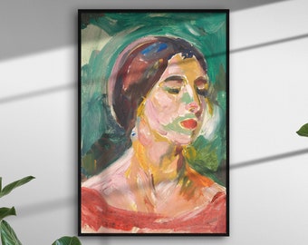 Vintage Female Portrait Painting, Portrait of a Woman, Female Oil Painting, Colorful Vintage Decor, Female Portrait Print, Abstract Wall Art