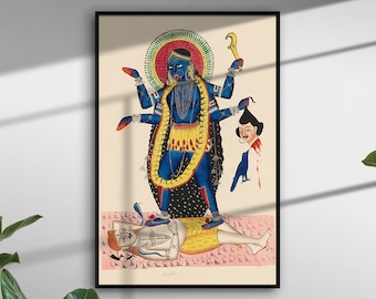 Op de afbeelding: Een kleurrijke illustratie van een hindoeïstische godheid met meerdere armen, staand op een liggende figuur. De godheid is blauw met gele en zwarte kleding en houdt een wapen in de ene hand. De achtergrond is lichtroze met een bloemenpatroon.