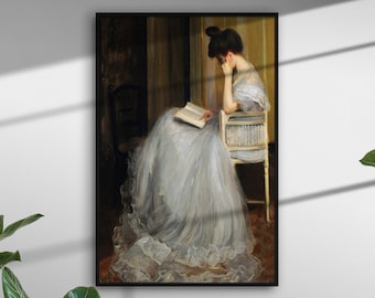 Portrait de jeune femme vintage, impression de peinture académique vintage, portrait de femme, peinture à l'huile de femme, livre de lecture de femme, portrait de femme