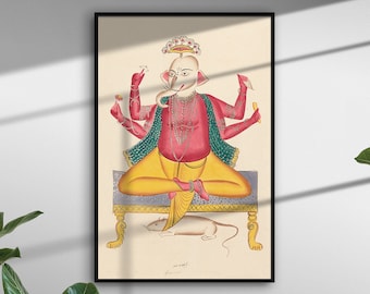 May include: A vintage illustration of Ganesha, the Hindu god of wisdom and prosperity, depicted with four arms, a large head with an elephant trunk, and a crown. He is seated in a meditative pose on a throne with a rat at his feet. The illustration is painted in vibrant colors, including red, yellow, green, and blue.
