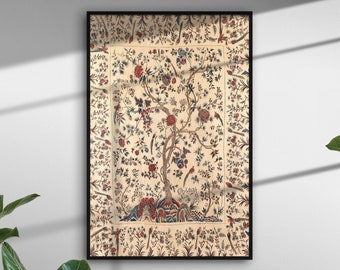 Antique Indian Textile Print, Vintage Kalamkari Tree of Life, Palampore Print, Birds Flowers Pattern, Printable Wallart, Tapestry Wall Decor
