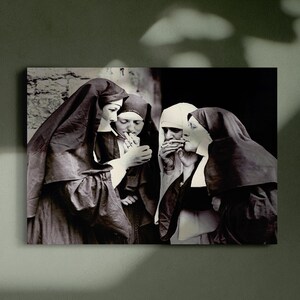 May include: A black and white photograph of four nuns in habits, standing together and smoking cigarettes.