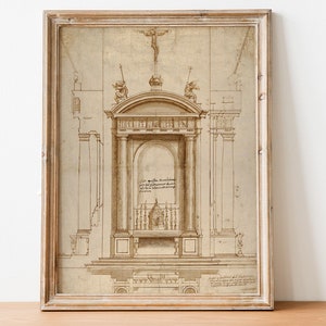 Bocetos de arquitectura antigua, arte arquitectónico vintage, impresión de dibujos de arquitectura, dibujo a tinta, arte lineal vintage, impresión de bocetos vintage