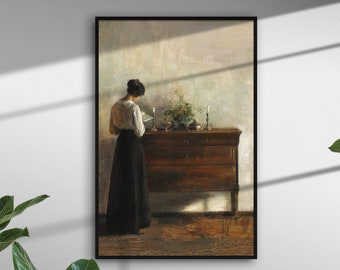 Ancien portrait de femme, impression d'art de femme lisant, peinture à l'huile de femme, scène d'intérieur, portrait de jeune femme, oeuvre d'art imprimable