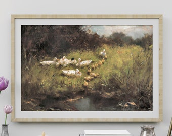 Ducks Painting, Vintage Landscape Painting, River Painting, Antique Wall Art, Country Landscape, Vintage Artwork, Printable Vintage Art