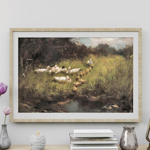 Ducks Painting, Vintage Landscape Painting, River Painting, Antique Wall Art, Country Landscape, Vintage Artwork, Printable Vintage Art