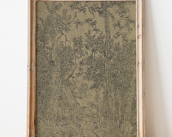 Antique Forest Landscape With A Road And A House, Vintage Ink Sketch Art, Line Etching, Woodland Landscape, Vintage Textile Art