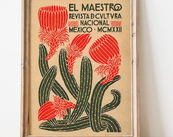 Vintage EL Maestro Poster, Mexican Exhibition Art Poster, Vintage Cactus Wall Art, Mexican Poster, Mexico Travel Poster, Printable Wall Art