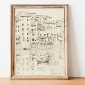 Antike Italienische Stadtansicht Skizze, Vintage Zeichnung Kunst, Antike Bleistiftzeichnung, Italien Reiseplakat, Italien Vintage Druck, druckbare Wandkunst