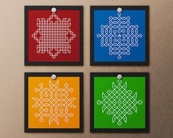Kolam Art Print - Set om 4, indisk Rangoli-konst, traditionell indisk folkkonst, Alpona-design, Pulli Kolam Digital, Pooja-dekor, Muggu-konst