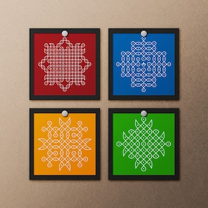 Kolam Art Print - Set of 4, Indian Rangoli Art, Traditional Indian Folk Art, Alpona Design, Pulli Kolam Digital, Pooja Decor, Muggu Art