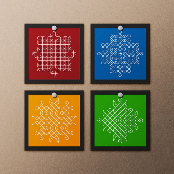 Kolam Art Print - Set of 4, Indian Rangoli Art, Traditional Indian Folk Art, Alpona Design, Pulli Kolam Digital, Pooja Decor, Muggu Art