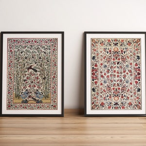 May include: Two framed prints of vintage floral patterns. The print on the left features a stylized tree with birds and flowers in shades of red, blue, and green. The print on the right features a more intricate floral pattern with red, blue, and white flowers.