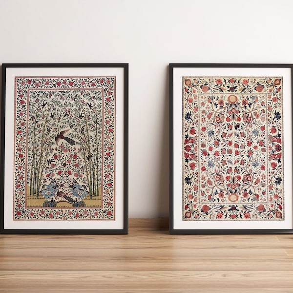 Vintage India Tapestry Wall Art Set Of 2, Antique Indian Textile Print, India Decor, Palempore, Birds Flowers Pattern, Antique Textile Print