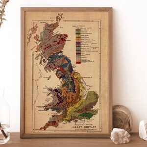 carte géologique vintage de la Grande-Bretagne, carte vintage du Royaume-Uni, carte du Royaume-Uni, décor mural vintage, art mural vintage, vieille carte imprimable
