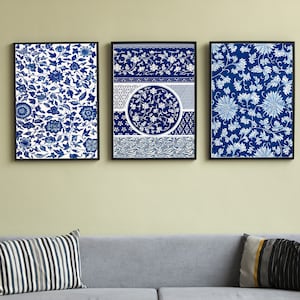 Indigo Art 3er Set, Indigo Wandkunst, Indigo Blau Dekor, Indische Malerei, Blaue Kunstdrucke, Galerie Wandset, Boho Wandkunst, Wohnzimmer Kunst