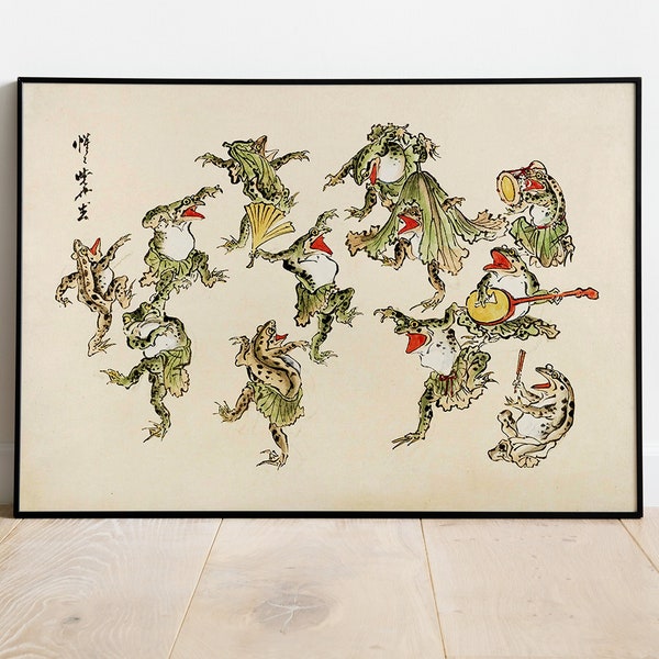 Vintage Dancing Frog Poster, Japanese Frogs Print, Frog Wall Art, Cute Art Print, Funny Wall Art, Frog Decor, Antique Frog, Vintage Frog Art