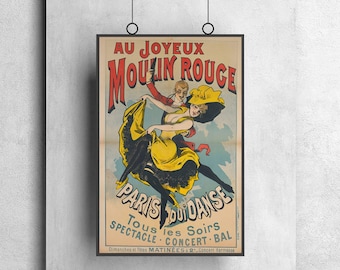 Könnte beinhalten: Vintage-Plakat für das Moulin Rouge in Paris, Frankreich. Das Plakat zeigt ein tanzendes Paar vor einem blauen Himmel mit Wolken. Der Text lautet "Au Joyeux Moulin Rouge" und "Paris Qui Danse".