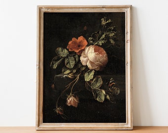 Antique Flower Print, Still Life With Roses, Botanical Print, Antique Art Print, Vintage Art Print, Moody Art, Vintage Floral Print, Bouquet