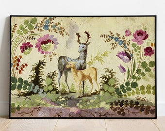 Antique Deer and Fawn With Flowers Painting, Vintage Deer Art Print, Vintage Deer Poster, French Chinoiserie, Woodland Décor, Wildlife Art