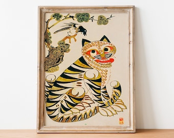 韓国の民芸絵画 虎とカササギ 1980 ミンファ「虎とカササギ」：19世紀韓国の古典民画、アンティーク