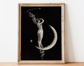 Vintage art nouveau-print, vrouw en maan, maanheksenkunst, Halloween-kunst, kunst wordt afgedrukt antieke, vintage prints, humeurige kunst, afdrukbare kunst