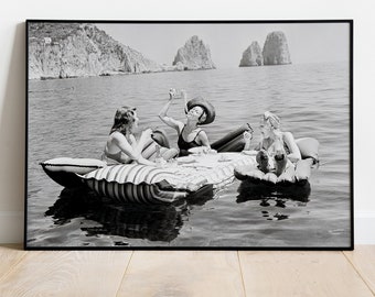 Luncheon Décor, Floating Luncheon, Three Young Women Eat Spaghetti On Inflatable Mattresses At Lake Of Capri 1939, Luncheon Wall Art