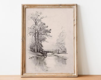 Tree Print, Vintage Tree Sketch, Antique Drawing, Nature Printable Art, Neutral Landscape, Tree Pencil Sketch, Tree Art, Printable Art