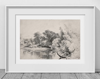 Antique Riverside Drawing, Antique Sketch, Antique Art Print, Landscape Print, Vintage Drawing Print, Vintage Sketch, River Drawing