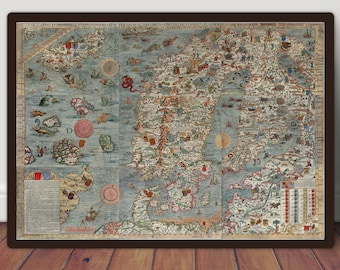 1539 Carta Marina Scandinavian Map Printable, Vintage World Map, Old Map Print, Map Wall Art, Old World Map, Antique Maps Print, 3 Sizes