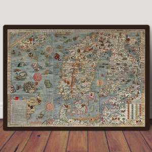 1539 Carta Marina Skandinavische Karte druckbar, Vintage Weltkarte, alte Karte Druck, Karte Wandkunst, Alte Weltkarte, Antike Landkarten Druck, 3 Größen